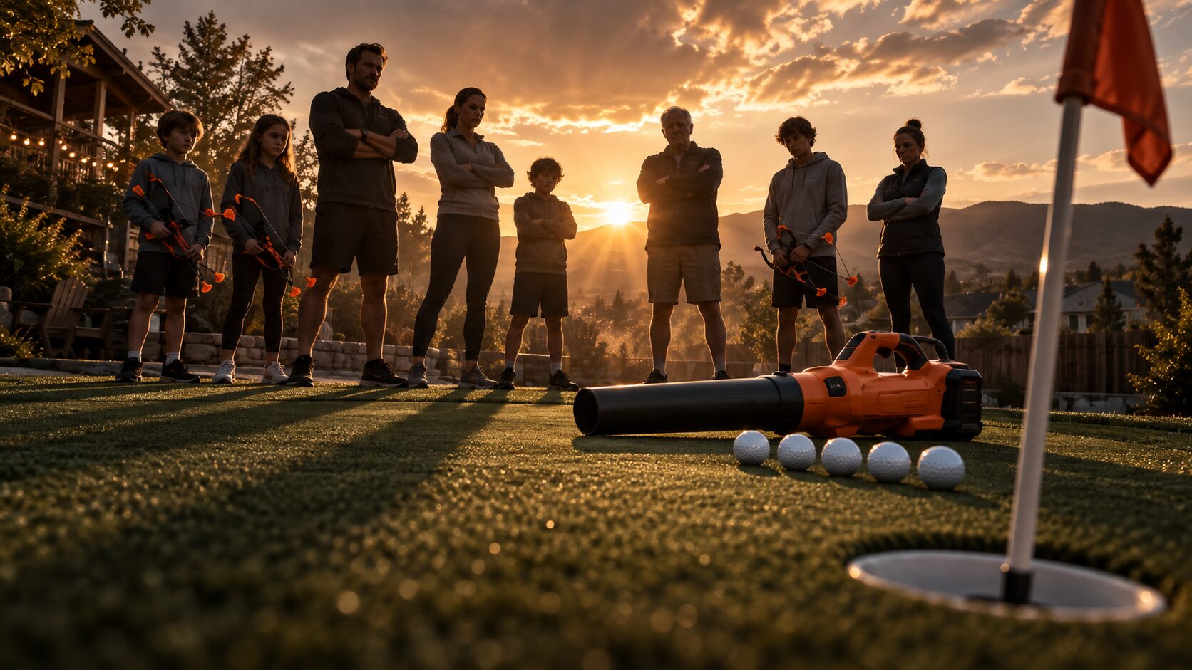 A backyard putting green at golden hour, a family watching in silence