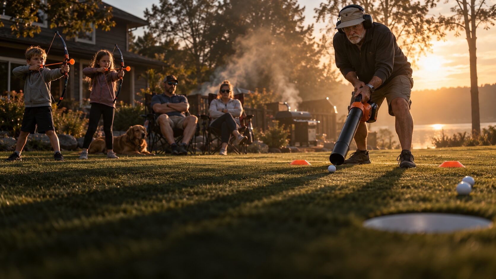 A grandfather lines up a leaf blower shot while his grandkids snipe