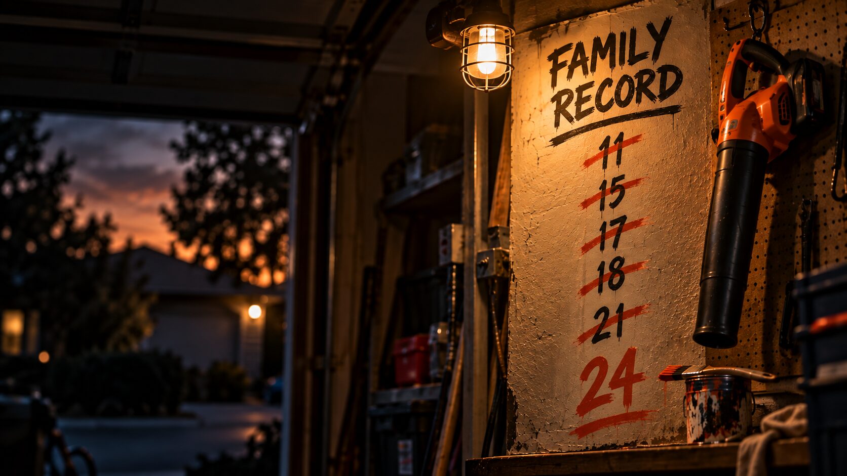 A family record scoreboard painted on a garage wall