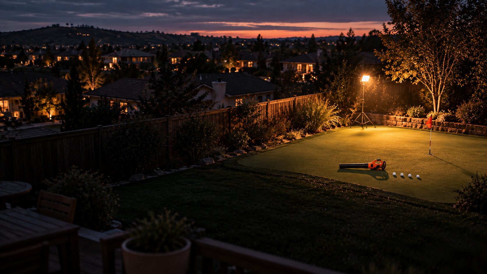 A backyard putting green lit like a stadium at dusk